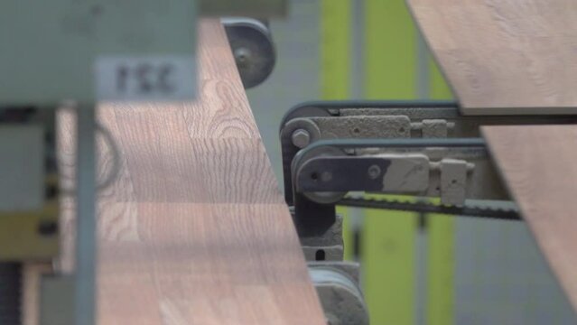 Carpentry factory. Production line of parquet board. Modern industrial factory for laminated flooring.Laminated flooring. Modernized woodworking manufacture.