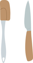 Brown knife and silicone spatula. Appliances for cooking and baking. For restaurants and cafes. Vector. Flat style.