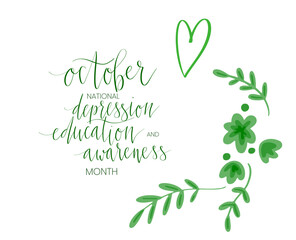 National Depression Education and Awareness Month October handwritten lettering and green support ribbon. Web banner vector template