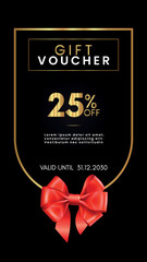 25% off coupon gift voucher template with red bow and gold decorative frames on black background. Premium design for discount cards, discount labels, coupon code, gift certificate, summer sale.