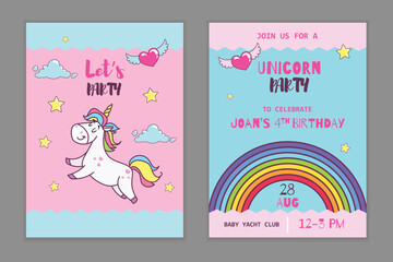 Magical party invitation design template. Cartoon cute pony unicorn riding in the sky among stars and clouds. Best for party designs. Vector illustration.