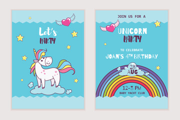 Unicorn magic party invitation design template. Cartoon cute pony unicorn on the cloud among stars. Best for party designs. Vector illustration.