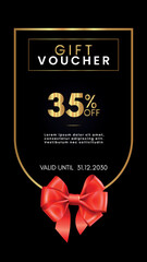 35% off coupon gift voucher template with red bow and gold decorative frames on black background. Premium design for discount cards, discount labels, coupon code, gift certificate, summer sale.