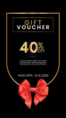 40% off coupon gift voucher template with red bow and gold decorative frames on black background. Premium design for discount cards, discount labels, coupon code, gift certificate, summer sale.