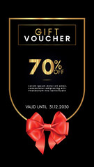70% off coupon gift voucher template with red bow and gold decorative frames on black background. Premium design for discount cards, discount labels, coupon code, gift certificate, summer sale.