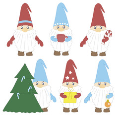Christmas gnomes set vector illustration, hand drawn doodles