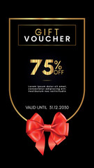 75% off coupon gift voucher template with red bow and gold decorative frames on black background. Premium design for discount cards, discount labels, coupon code, gift certificate, summer sale.