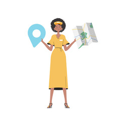 Girl water delivery operator holding a map. Stylish character is depicted in full growth.  