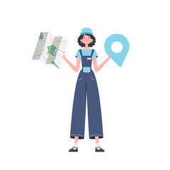 Girl water delivery operator holding a map. Stylish character is depicted in full growth.   