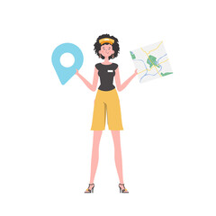 Girl water delivery operator holding a map. The trendy character is depicted in full growth.   