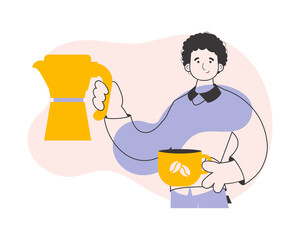 Barista man. Line art trendy style. 