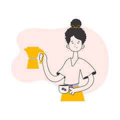 Barista girl. Line art trendy style. 