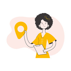Girl Courier holding tablet and geolocation tag. Trendy style line art. 