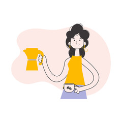 The girl serves coffee. Trendy style line art. 