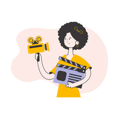 Girl blogger. The concept of social networking. Line art trendy style.  