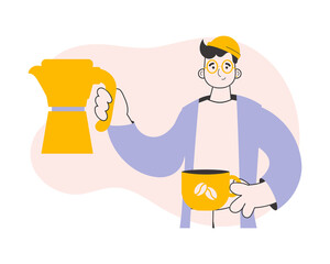 Barista man. Line art trendy style.  