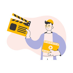 Blogger guy. Video blogging and podcast concept. Line art style. 