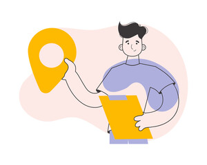 Male Courier holding tablet and geolocation tag. Trendy style line art. 