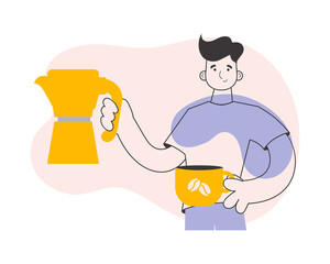 The man serves coffee. Trendy style line art. 