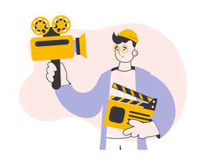 Blogger guy. Video blogging and podcast concept. Line art trendy style. 