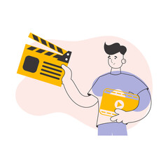 Blogger guy. Video blogging and podcast concept. Line art style.  