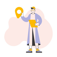 Male Courier holding tablet and geolocation tag. Line art style. 