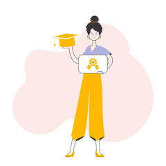 Student girl holding a diploma. Line art trendy style.  