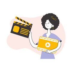 Girl blogger. The concept of social networking. Line art style.   