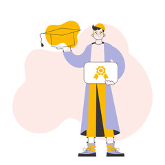 The student guy is holding a diploma. Line art trendy style.  