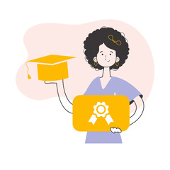 The girl is a university graduate holding a diploma. Line art style.  
