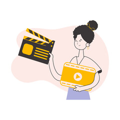 Girl blogger. The concept of social networking. Line art style.  