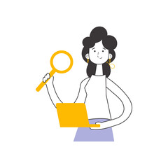A woman holds a magnifying glass and a laptop in her hands. Job Search Theme. H.R. Linear trendy style.    