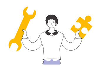The guy is holding a wrench and a puzzle. Teamwork theme. Linear style.    