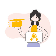 The girl is a university graduate holding a diploma. Line art trendy style. 