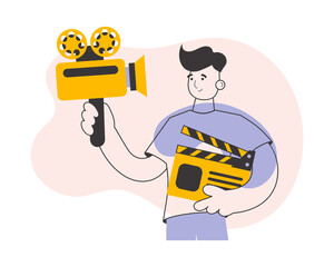 Blogger guy. Video blogging and podcast concept. Line art trendy style.  