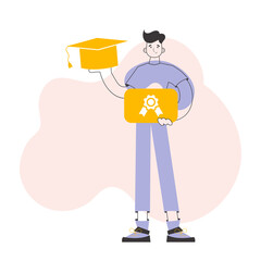 The student guy is holding a diploma. Line art trendy style. 