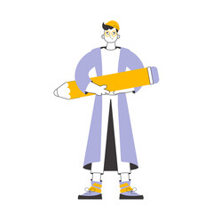 The man is holding a pencil. Line art style.  