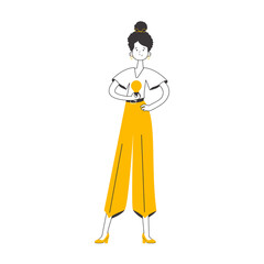 Girl and light bulb. Idea concept.   Linear trendy style.