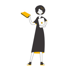 The girl is holding a book and a laptop in her hands. Line art style.  