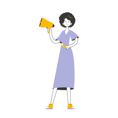 The girl is holding a bullhorn and binoculars in her hands. Job Search Theme. H.R. Linear trendy style.    