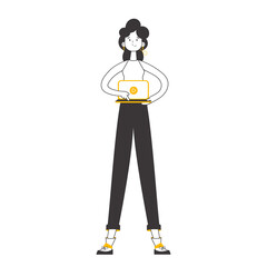 Girl Holds a laptop and presses play. Linear trendy style.  