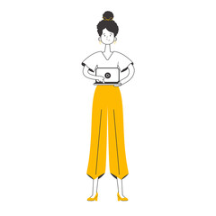 Girl Holds a laptop and presses play. Lines modern style. 