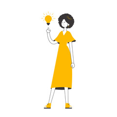 Girl and light bulb. Idea concept.     Line art style.