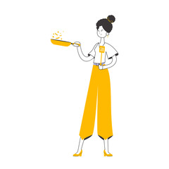 The woman cook is holding a frying pan. Linear modern style.    