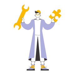 The guy is holding a wrench and a puzzle. Teamwork theme. Linear trendy style.    