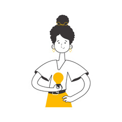 Girl and light bulb. Idea concept.    Linear trendy style.