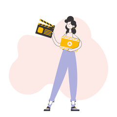 Girl blogger. The concept of social networking. Trendy style line art.  