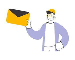 A man holds an envelope or a letter in his hands. Linear trendy style.    