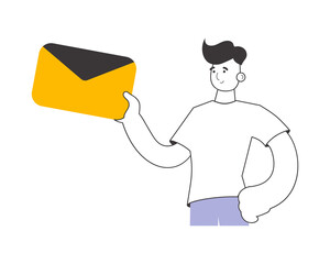 A man holds an envelope or a letter in his hands. Linear trendy style.   