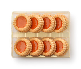 Top view of jam biscuits in blister packaging tray